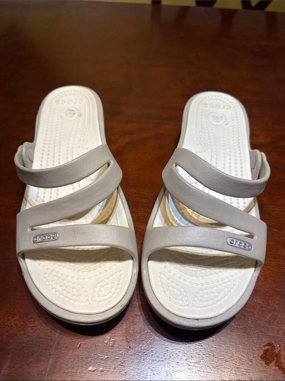 CROCS Women's Triple-Strap Slide Sandals in Light Taupe and Cream